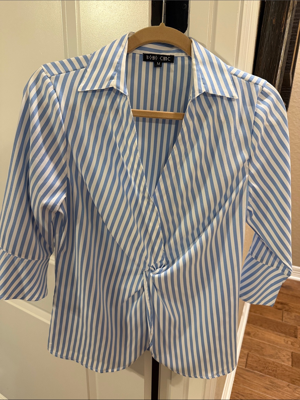 Blue & White Striped Silky Blouse With Twist Closure And Snaps